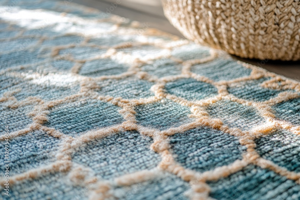 Poster close-up of a teal and beige textured rug with a geometric pattern, showcasing its soft and intricat