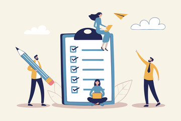 Checklist to complete project task, accomplish work checkmark, todo list clipboard or project status report, plan to finish work concept, business people holding pencil complete task checkbox.