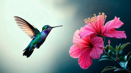 Obraz premium bright hummingbird bird over a flower on a dark background
