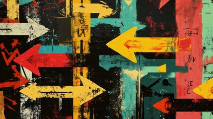 Fototapeta premium Vibrant Urban Street Signs and Arrows, City Center, Graphic Art, Grungy Background, Abstract Viewpoint, Colorful Concept