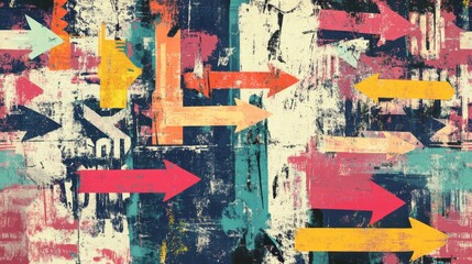Fototapeta premium Vibrant Urban Street Signs and Arrows, City Environment, Grunge Art, Colorful Directional Stencils