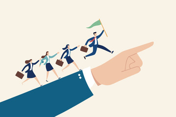 Leadership to lead team members, business direction to achieve goal or target, teamwork to success in work, businessman leader holding winner flag running lead business people on pointing finger.