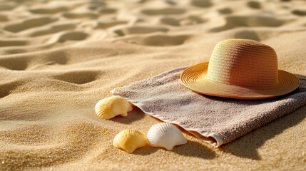 Straw hat and seashells on beach sand. Summer vacation concept