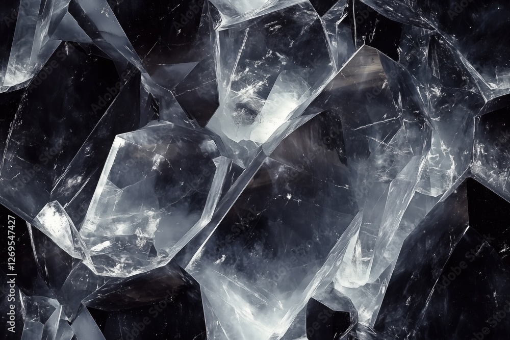 Poster seamless tourmalinated quartz transparent crystals with sharp edges and reflective surfaces.
