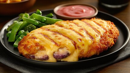 Chicken Cordon Bleu plated with crispy breading, melted cheese, and served with a rich sauce and fresh, green vegetables 
