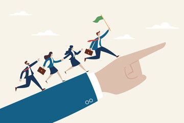 Leadership to lead team members, business direction to achieve goal or target, teamwork to success in work, businessman leader holding winner flag running lead business people on pointing finger.