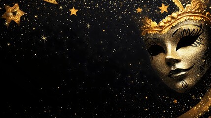 golden carnival mask with glittering details on dramatic dark background