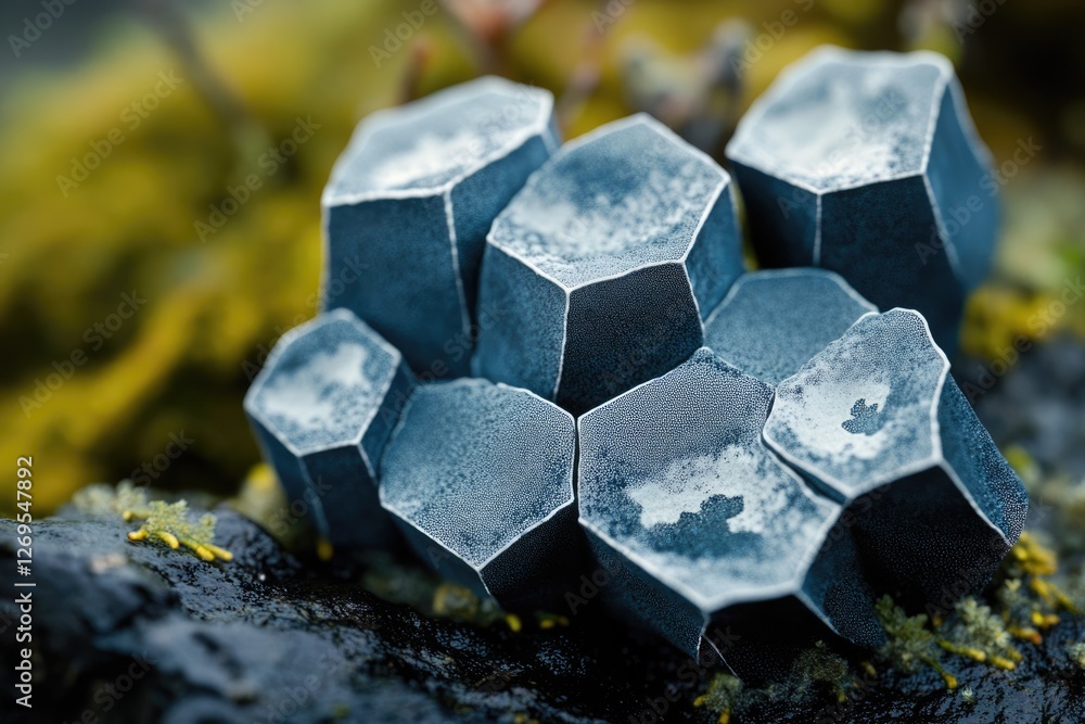 Poster close-up of frost crystals forming hexagonal structures on a mossy surface.
