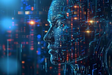 Futuristic Digital Face with Neon Colors in Abstract Technology Scene