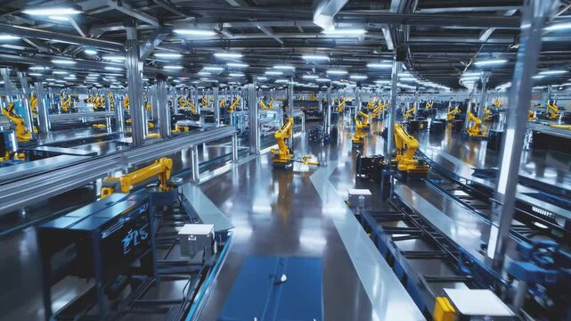Yellow industrial robots execute synchronized movements along production line. Computer-controlled automation system operates within pristine manufacturing space. Forward tracking shot.