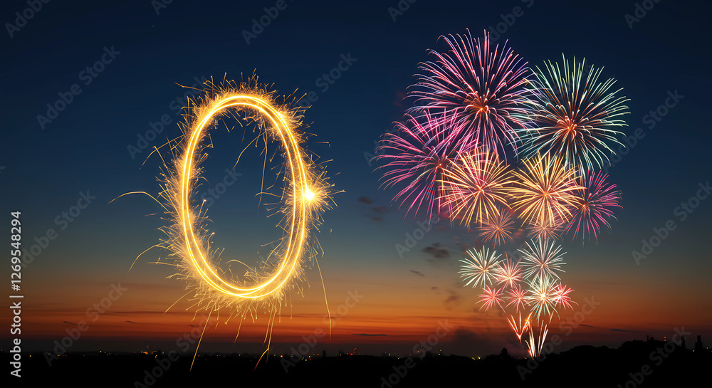 Poster number zero in golden yellow made of fireworks. with a cluster of colorful fireworks exploding in th