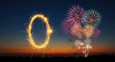 Number zero in golden yellow made of fireworks. With a cluster of colorful fireworks exploding in the twilight sky, generative ai