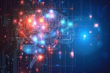 Obraz premium Futuristic Brain with Circuit Pattern in Colorful Glowing Background