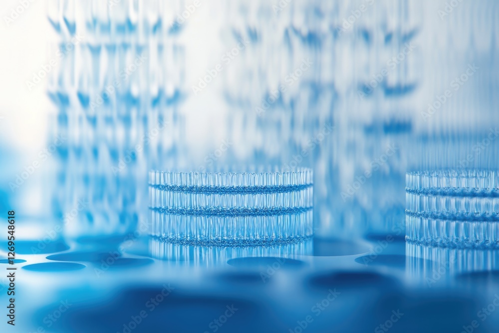 Poster abstract image of layered, translucent blue structures, possibly representing microscopic or technol