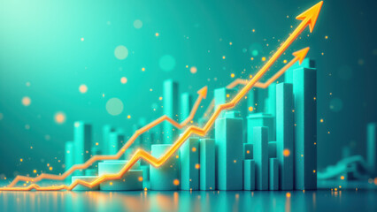 The image depicts a vibrant visual metaphor for economic growth with an upward trend of lines, charts, and glowing spheres against a backdrop that suggests financial success.