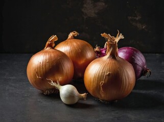 Onions, set against a deep charcoal-black background.