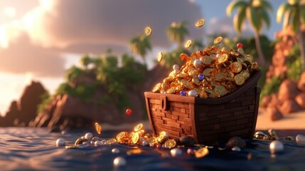 Wooden boat filled with gold coins and overflowing treasure chest in the ocean