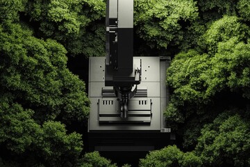 A top-down view of a futuristic machine nestled within a lush green forest, symbolizing technological integration with nature.