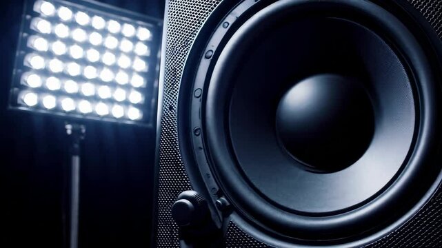 close-up moving sub-woofer music speakers vibrating membrane white strobe pulsing light