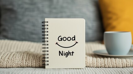 World Sleep Day concept. Cozy Flat Lay with Good Night Notebook Pillow and Coffee Cup on Comfy Working Desk