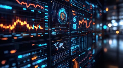 Global data analysis wall, market trends, futuristic office