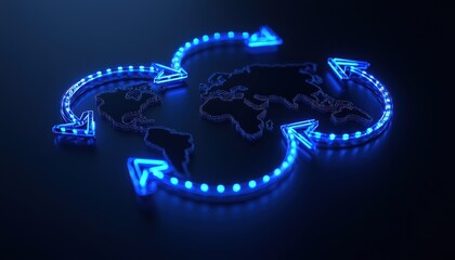 Obraz premium Illuminated arrows circling a digital world map on a dark background.