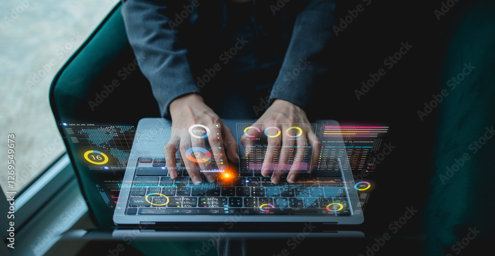 Poster a person types on a laptop with digital holographic displays, illustrating technology and data analy