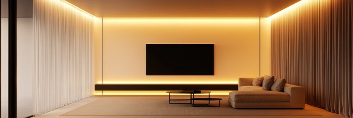 Modern minimalist living room with warm lighting and neutral tones