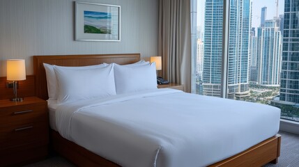 World Sleep Day concept. Luxurious Hotel Room with Panoramic City Skyline View and Crisp White Bedding