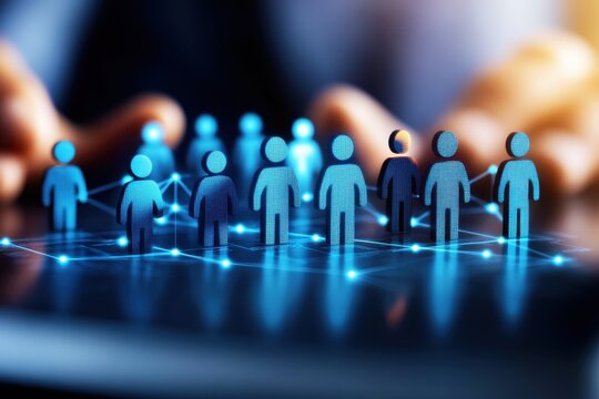 Digital Network Connection Visual Representation Featuring Human Figures and Abstract Communication Lines in a Modern Business Environment