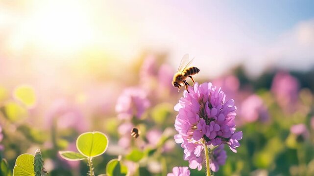 Vibrant clover blossoms in a sunny field with bees buzzing around nature s beauty

