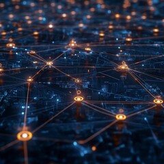 Glowing network connections over digital cityscape at night