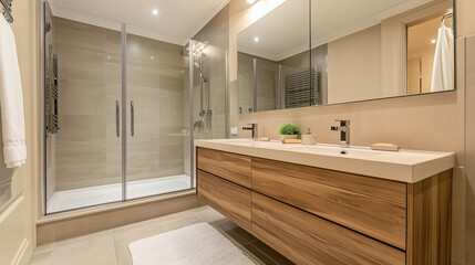 
Contemporary bathroom interior showcasing wooden vanity and sleek glass shower