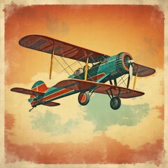 Vintage Biplane Flying Through a Colorful Retro Sky with Textured Background