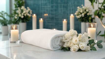 World Sleep Day concept. Upscale Spa Retreat with Candles Flowers and Luxurious Massage Table