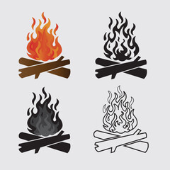 Fire flame icon set  isolated on white background. Symbol of burning wood fire flame collection. Silhouettes vector illustration.
