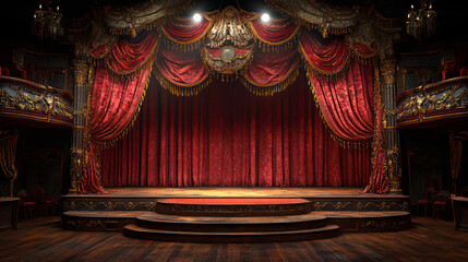 Fototapeta premium Classic theatre interior with heavy velvet red curtains