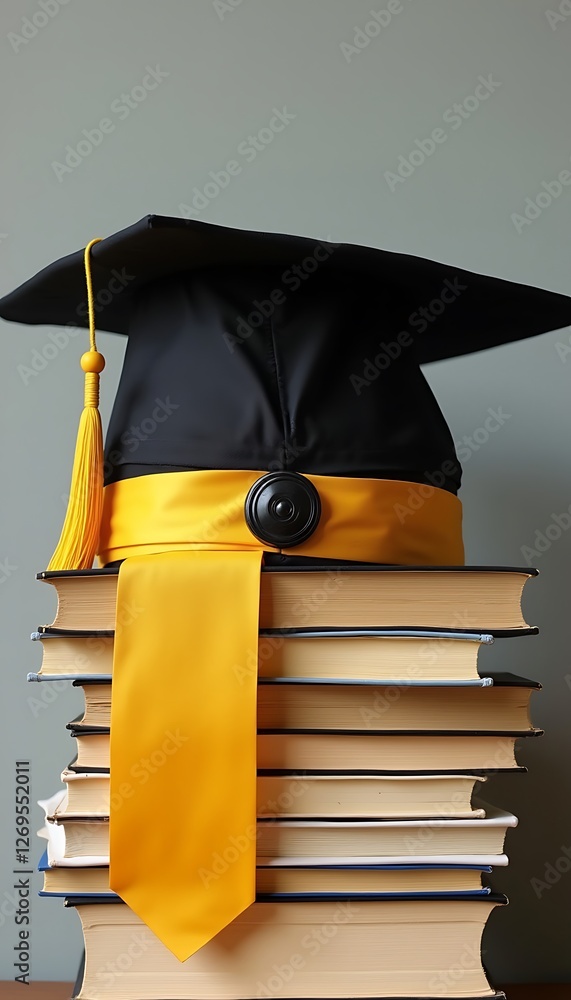 Poster generative ai image depicting a graduation cap on a stack of books