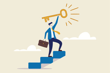 Key to business success, stairway to find secret key or achieve career target concept, businessman winner walk up to top of stairway lifting golden success key to the sky.