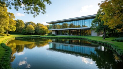 Fototapeta premium Campus quad, Serene pond on campus with modern building reflections.