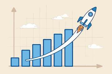 Fototapeta premium Exponential growth or compound interest, investment, wealth or earning rising up graph, business sales or profit increase concept, financial report graph with exponential arrow from flying rocket.