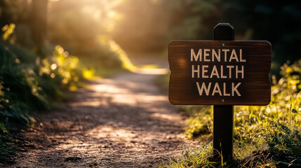 Wooden road sign reading Mental Health Walk, beautiful meadow footpath in the background