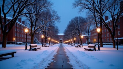 Campus quad, Snow-covered university quad with lit lampposts.