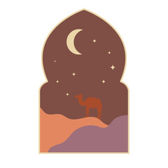 Ramadan arch Islamic windows with modern boho design, moon. Vector illustration