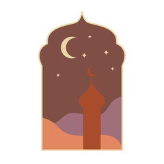 Ramadan arch Islamic windows with modern boho design, moon. Vector illustration
