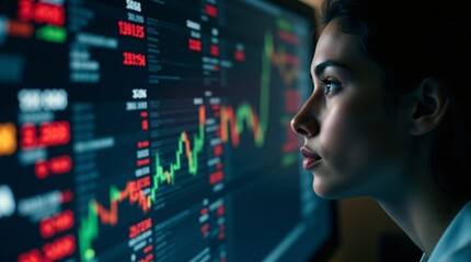 Focused gaze on fluctuating market data; a young woman analyzes stock trends, numbers flash, decisions loom.