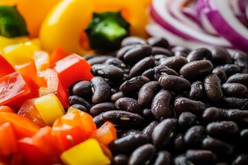 Obraz premium black beans glistening under sunlight, with a scattering of diced onions and bell peppers around them