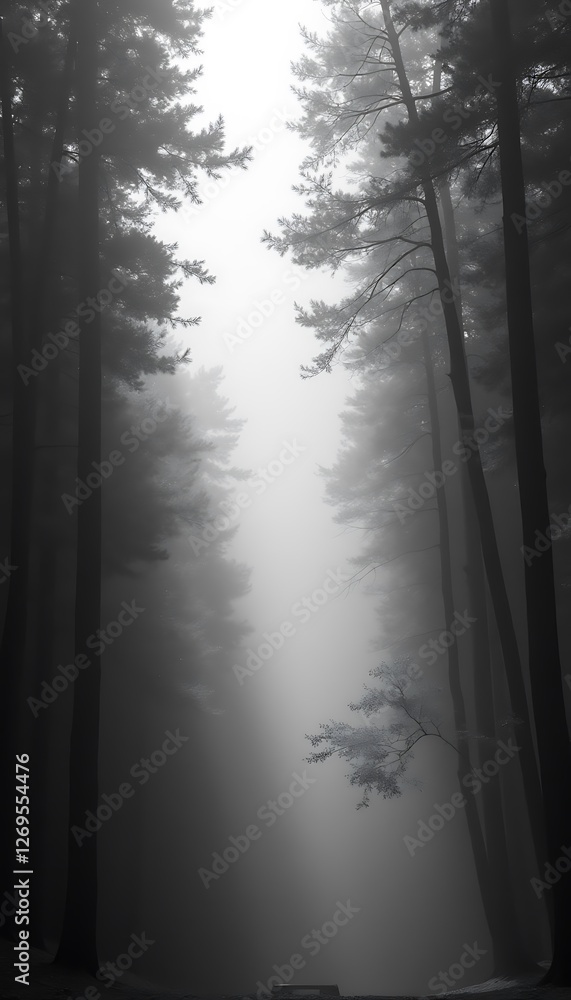 Poster generative ai, ethereal monochromatic forest bathed in thick fog creating a mystical atmosphere