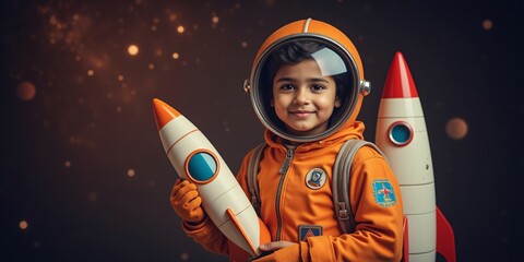 Little explorer, big dreams! A child astronaut smiles, holding a model rocket against a sparkling space backdrop.  Ready for liftoff!