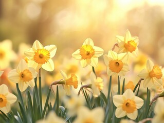 Bright yellow daffodils bloom under warm sunlight in a serene garden setting during springtime